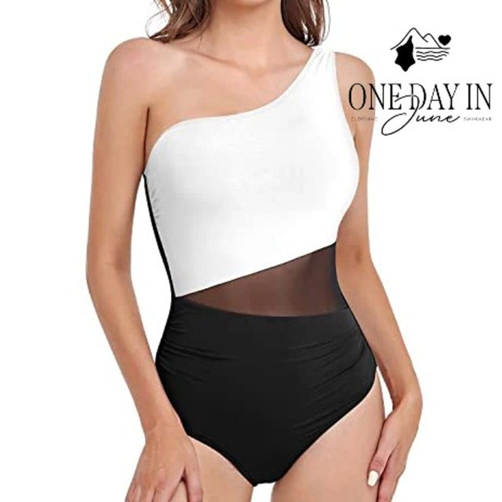 Yonique One Shoulder Mesh Cut Out One Piece Swimsuit Size M